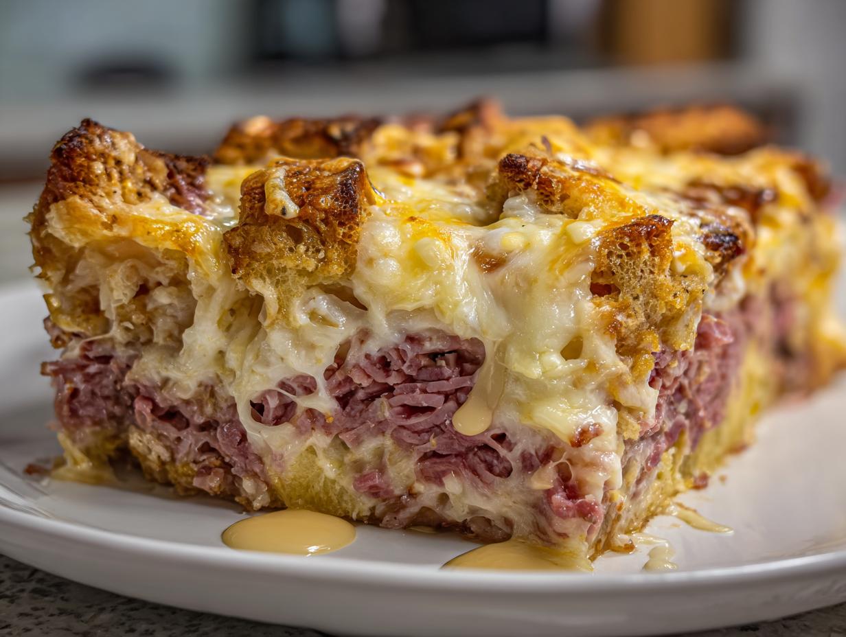 Close-up of a cheesy slice of homemade Reuben bake showing layers of corned beef, sauerkraut, and melted Swiss cheese.