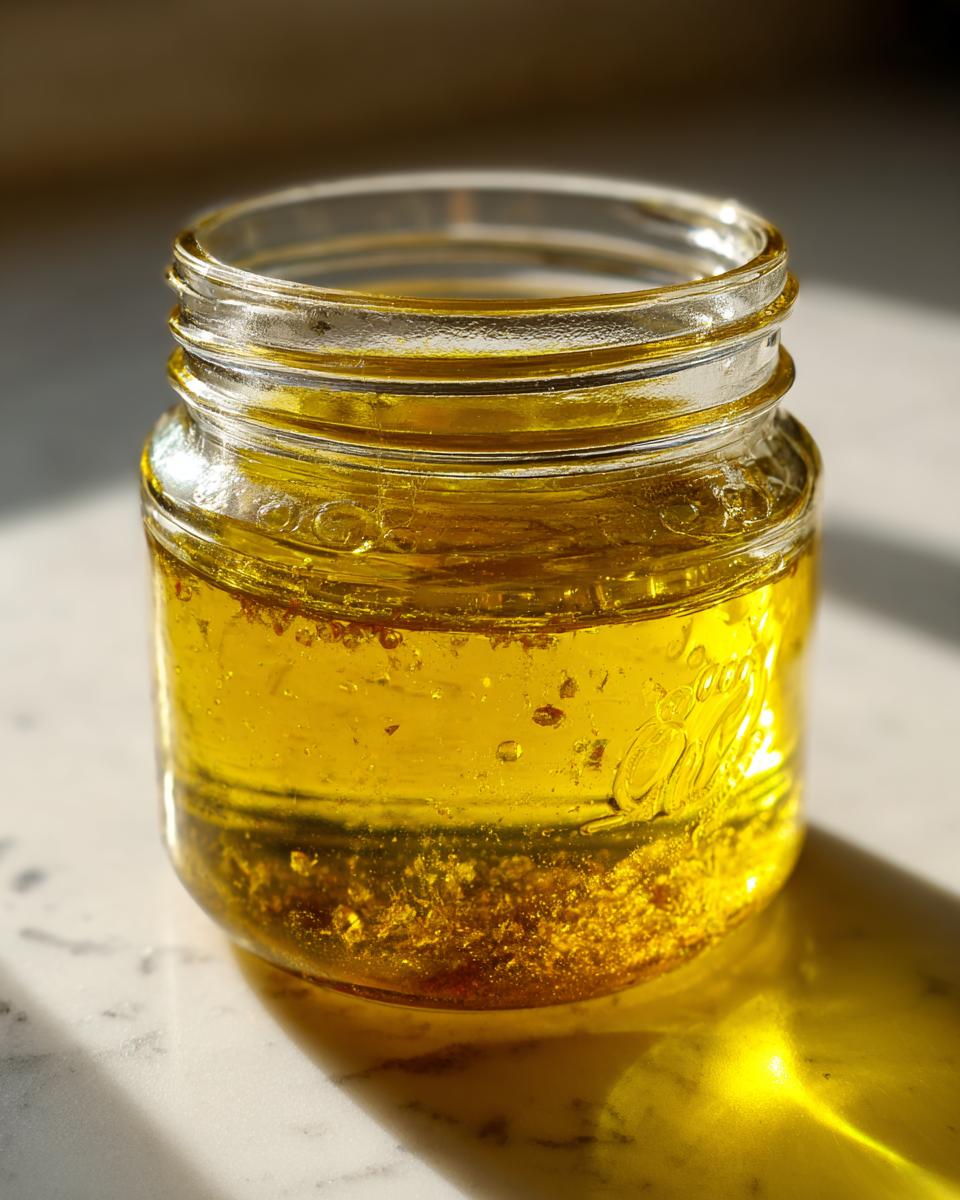 Close-up of golden homemade salad dressing separating in a small glass jar, showing oil and settled spices.