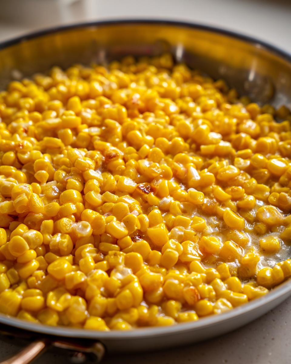Close-up of bright yellow honey butter corn kernels simmering in a stainless steel skillet.