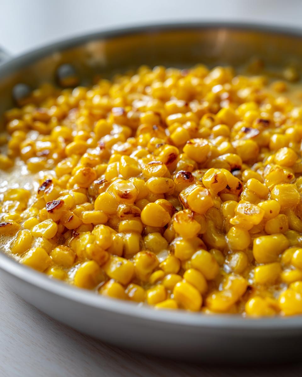 Close-up of bright yellow, slightly caramelized corn kernels cooking in butter inside a silver skillet.
