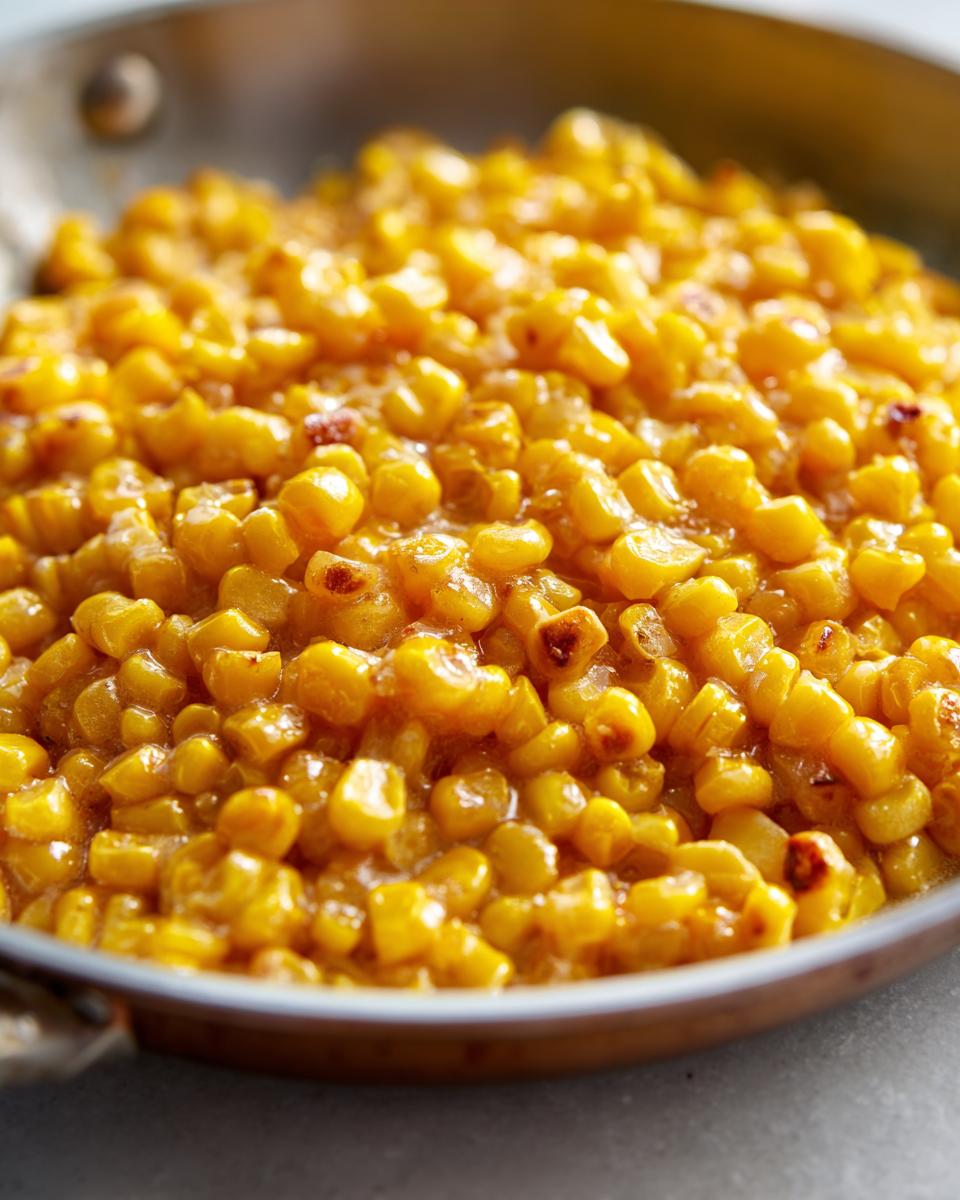 Close-up of sweet, glossy honey butter corn kernels glistening in a small skillet.