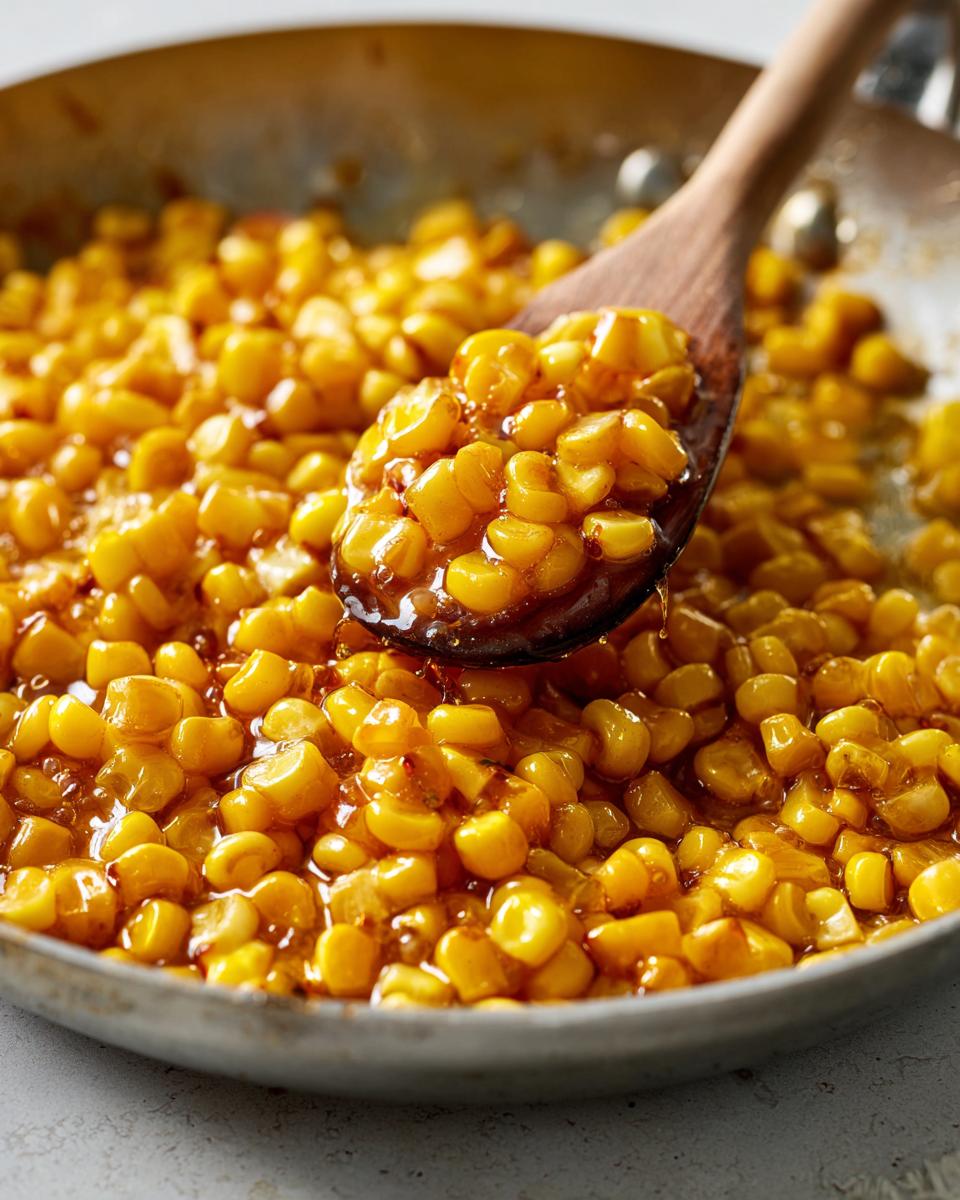 Close-up of sweet honey butter corn being scooped with a wooden spoon from a skillet.