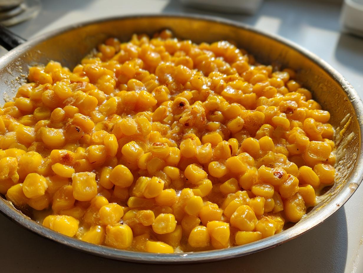 Close-up of sweet, glistening honey butter corn kernels cooked in a stainless steel skillet.