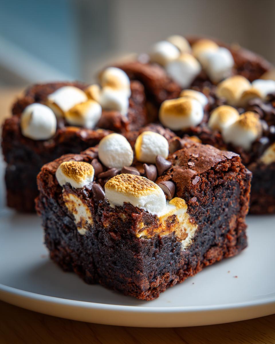 A close-up of a rich, fudgy hot chocolate brownies square topped with toasted mini marshmallows and chocolate chips.
