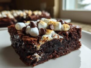 A rich, fudgy slice of hot chocolate brownies topped with toasted mini marshmallows and chocolate chips.