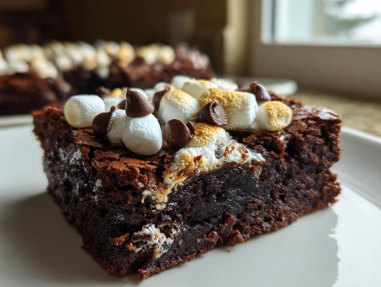 A rich, fudgy slice of hot chocolate brownies topped with toasted mini marshmallows and chocolate chips.