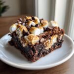 A single, rich piece of hot chocolate brownies topped with toasted marshmallows and chocolate chips on a white plate.