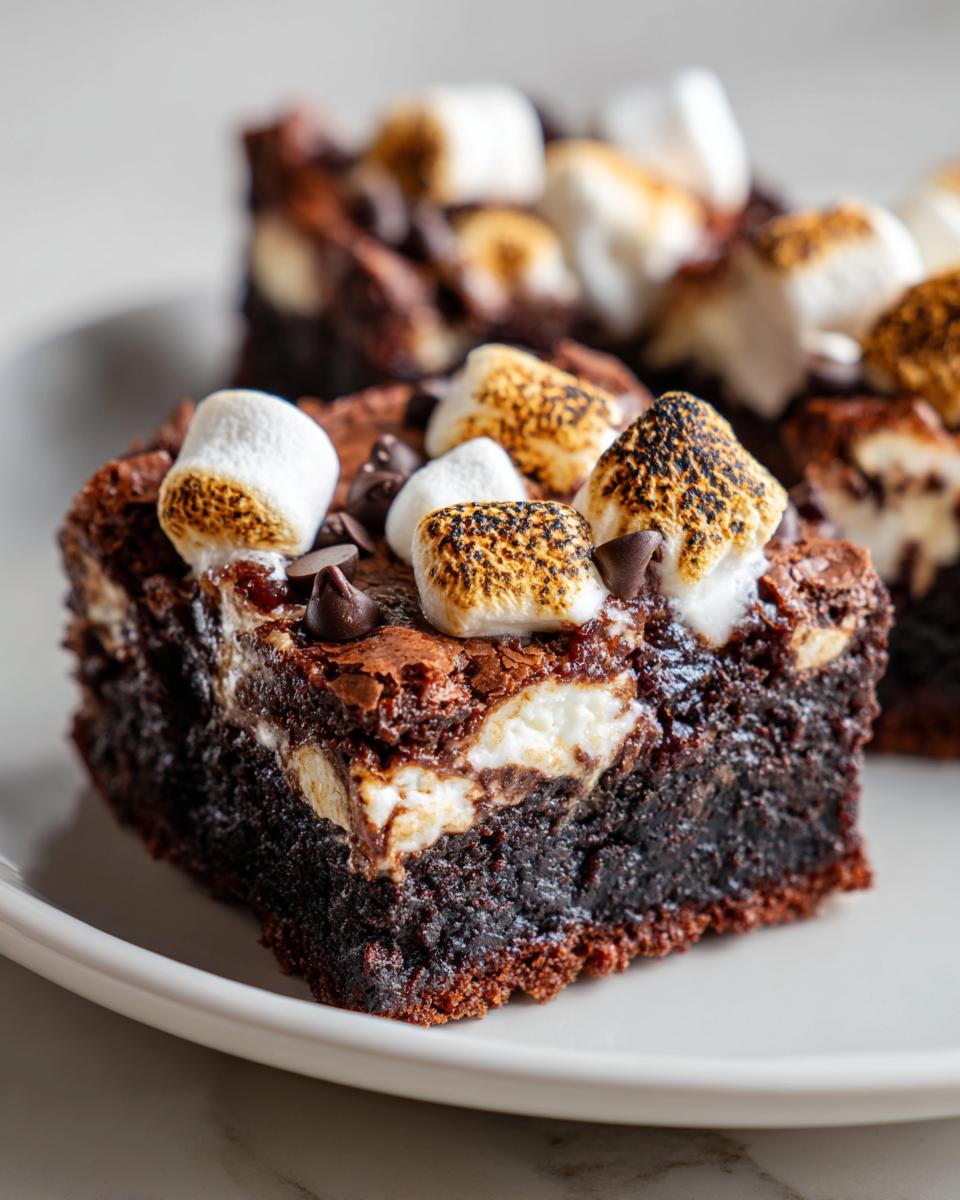 A rich, fudgy slice of hot chocolate brownies topped with toasted marshmallows and chocolate chips.