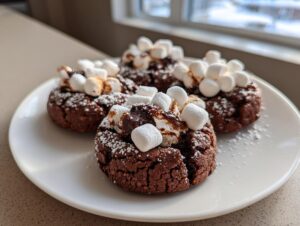Four rich, dark chocolate hot chocolate cookies topped with melted chocolate and mini marshmallows, dusted with powdered sugar.