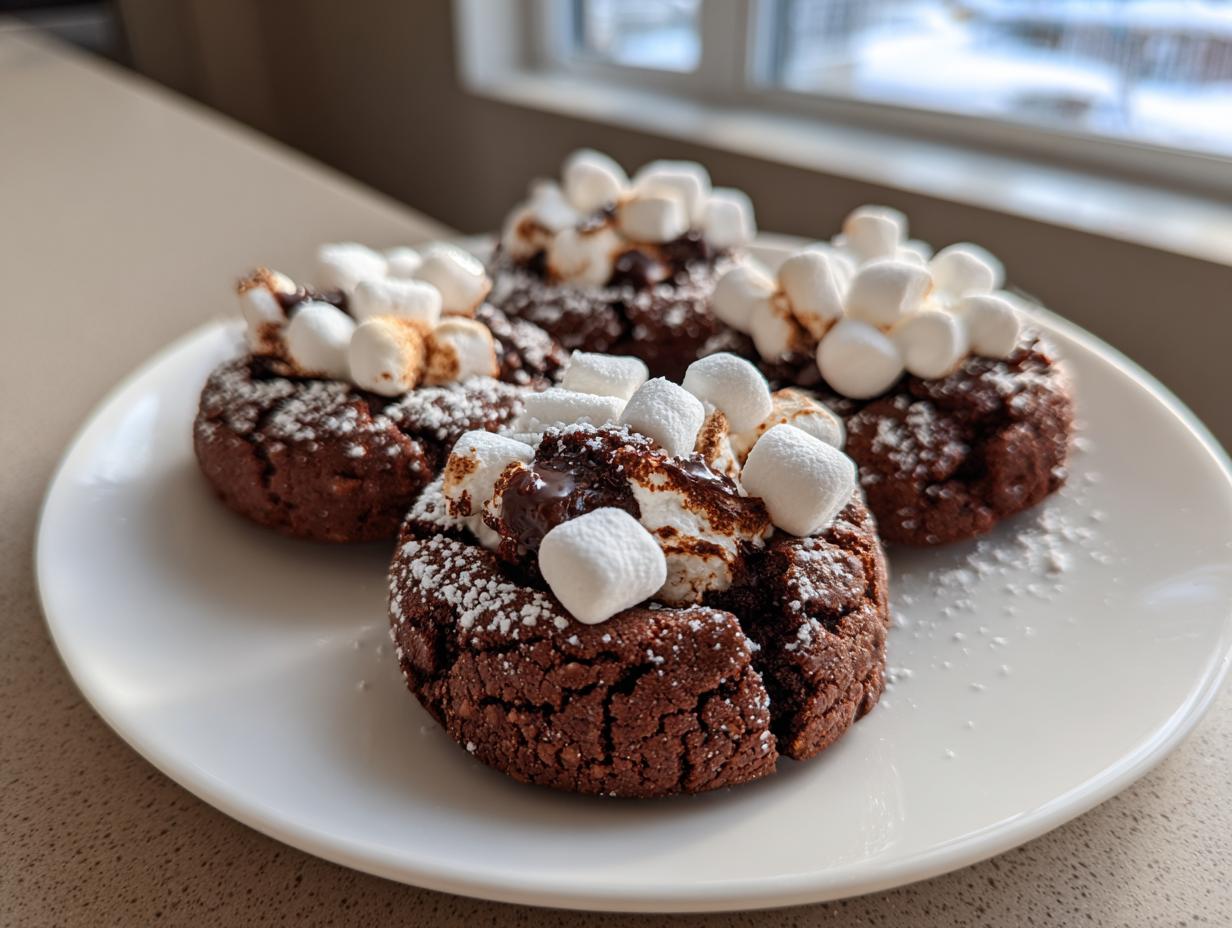 Four rich, dark chocolate hot chocolate cookies topped with melted chocolate and mini marshmallows, dusted with powdered sugar.