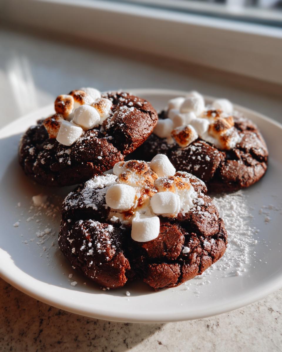 Three rich, dark hot chocolate cookies topped with toasted marshmallows and powdered sugar on a white plate.
