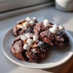 Three rich, dark chocolate hot chocolate cookies topped with mini marshmallows and powdered sugar.