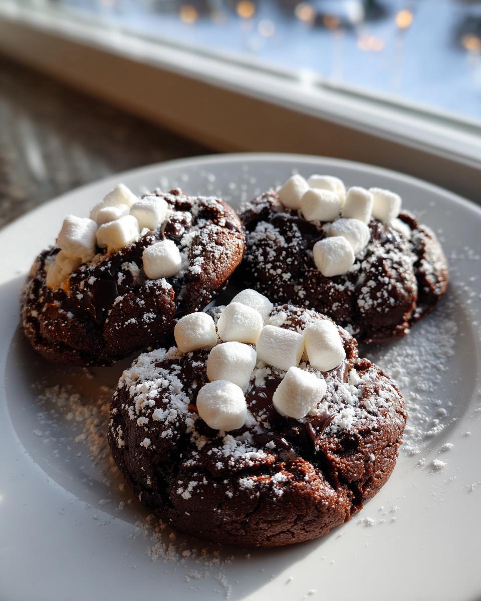 Three rich, dark hot chocolate cookies topped with mini marshmallows and powdered sugar on a white plate.