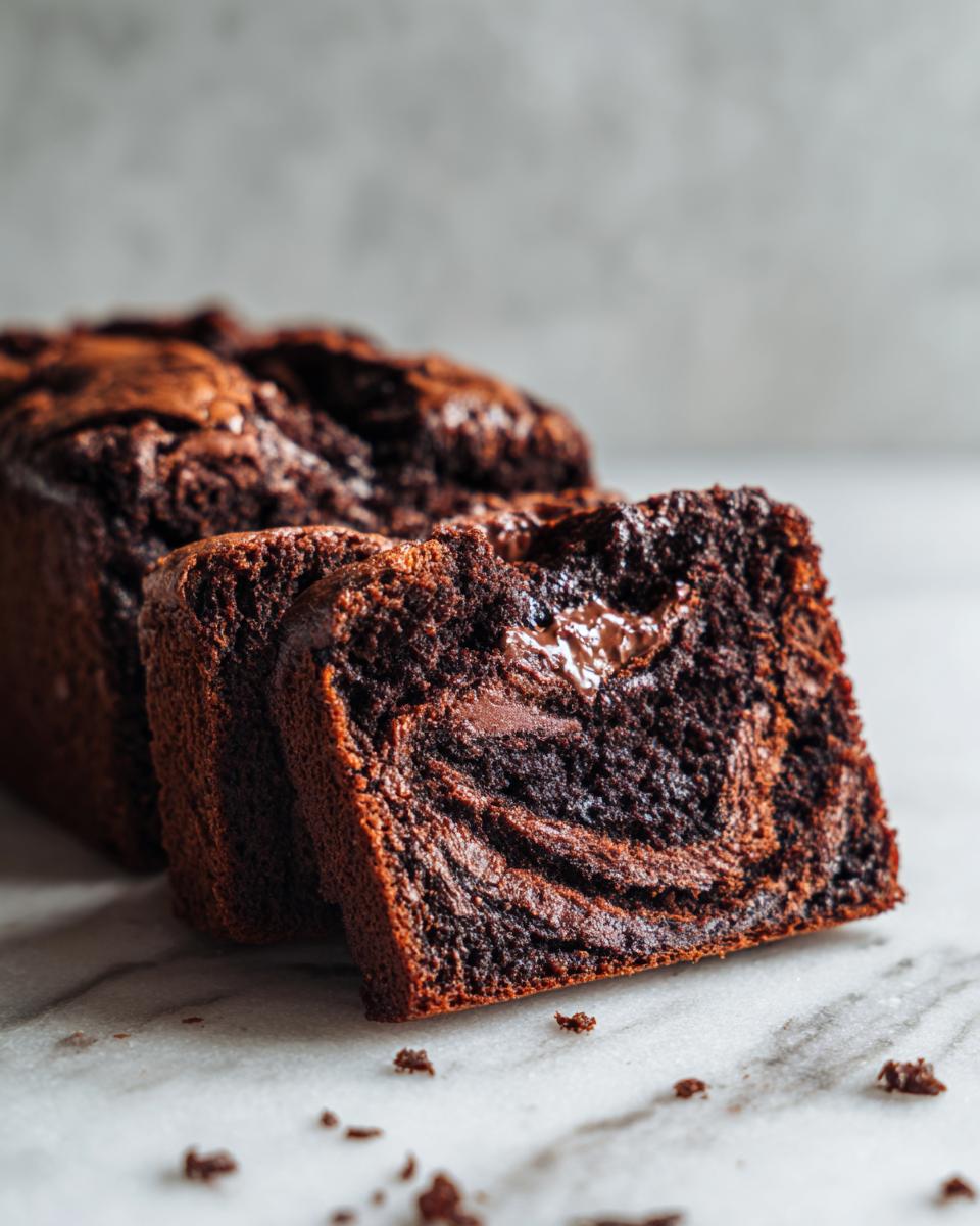 Close-up of a thick slice of moist hot fudge brownie bread showing rich dark chocolate swirls and a gooey center.