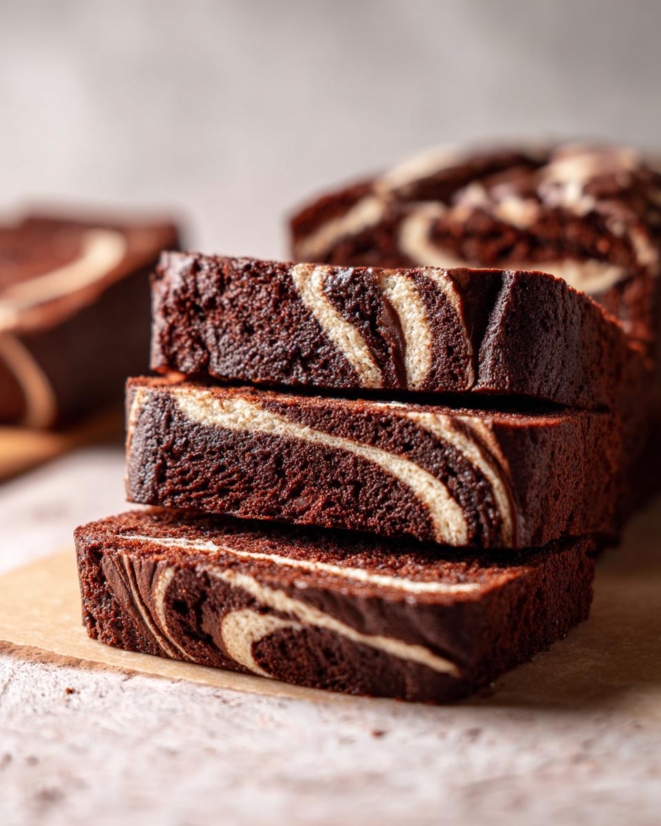 Three thick slices of dark chocolate hot fudge brownie bread stacked, showing a beautiful light and dark swirl pattern.