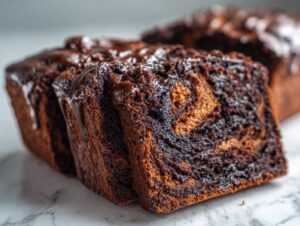 Close-up of sliced hot fudge brownie bread showing a rich, marbled interior and drizzled chocolate glaze.