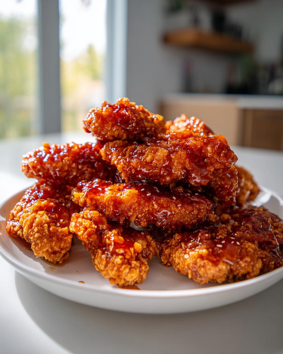 A stack of crispy, golden hot honey chicken tenders generously coated in a shiny, dark glaze and sprinkled with sesame seeds.