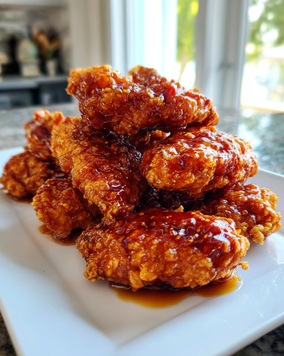 A stack of crispy, golden hot honey chicken tenders generously coated in a shiny, dark glaze on a white plate.