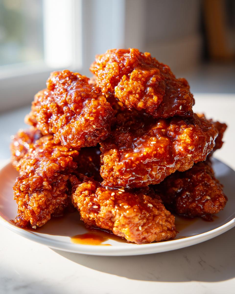 A stack of crispy, glazed hot honey chicken tenders sprinkled with sesame seeds on a white plate.