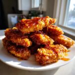 A stack of crispy, golden hot honey chicken tenders glistening with sweet and spicy glaze, served on a white plate.