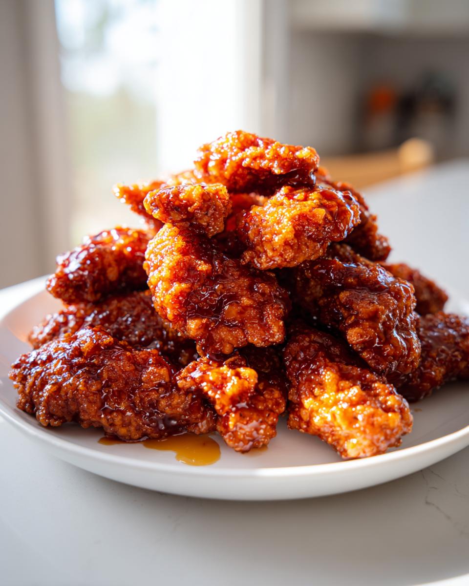 A tall stack of crispy, glazed hot honey chicken tenders piled high on a white plate, glistening under bright light.
