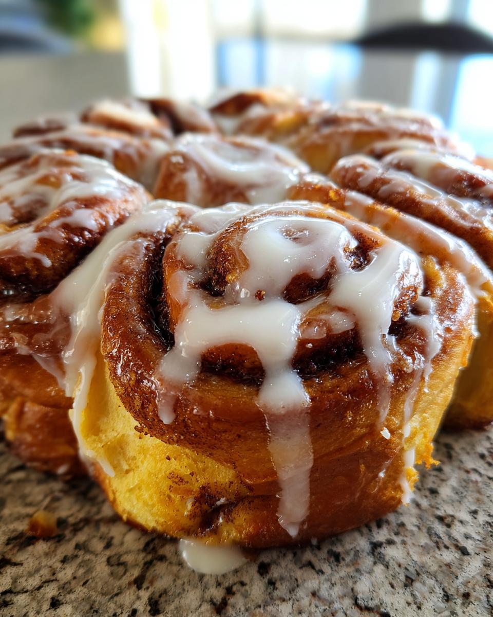 Close-up of freshly baked christmas tree cinnamon rolls generously topped with white icing.