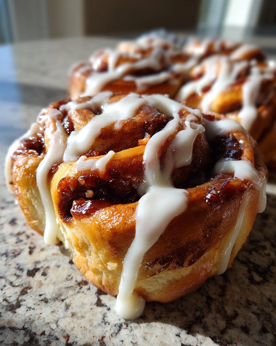 A close-up of a freshly baked, glazed christmas tree cinnamon roll sitting on a granite countertop.
