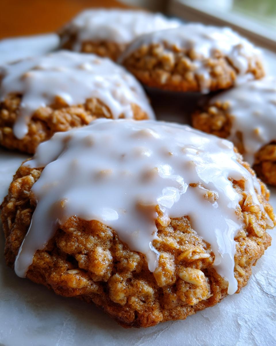Close-up of a delicious iced oatmeal cookies cookie topped with a thick, dripping white glaze.