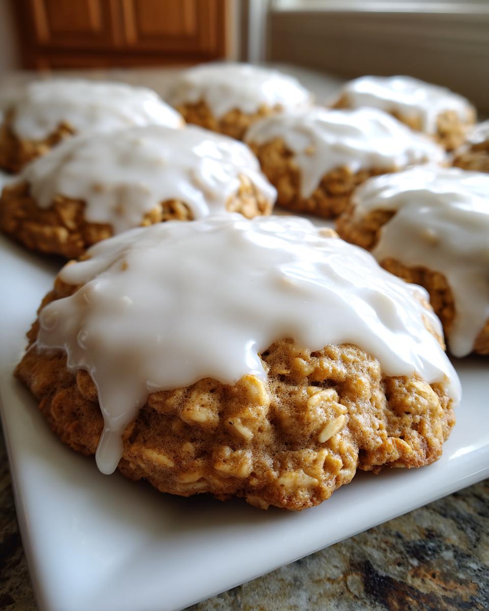 A close-up of a freshly baked iced oatmeal cookie with thick white glaze dripping down the side.