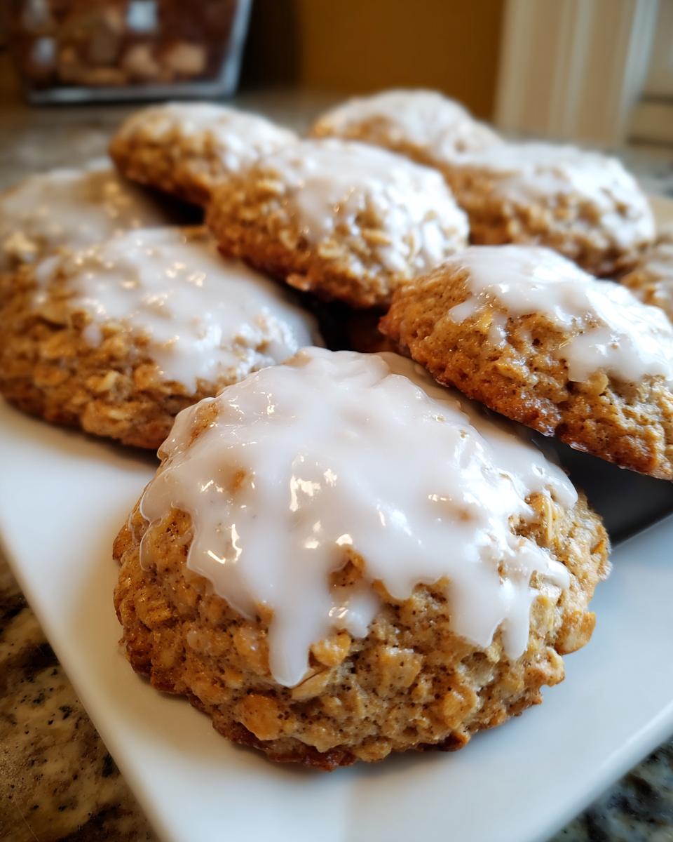 A close-up of several soft, golden iced oatmeal cookies piled on a white serving dish.