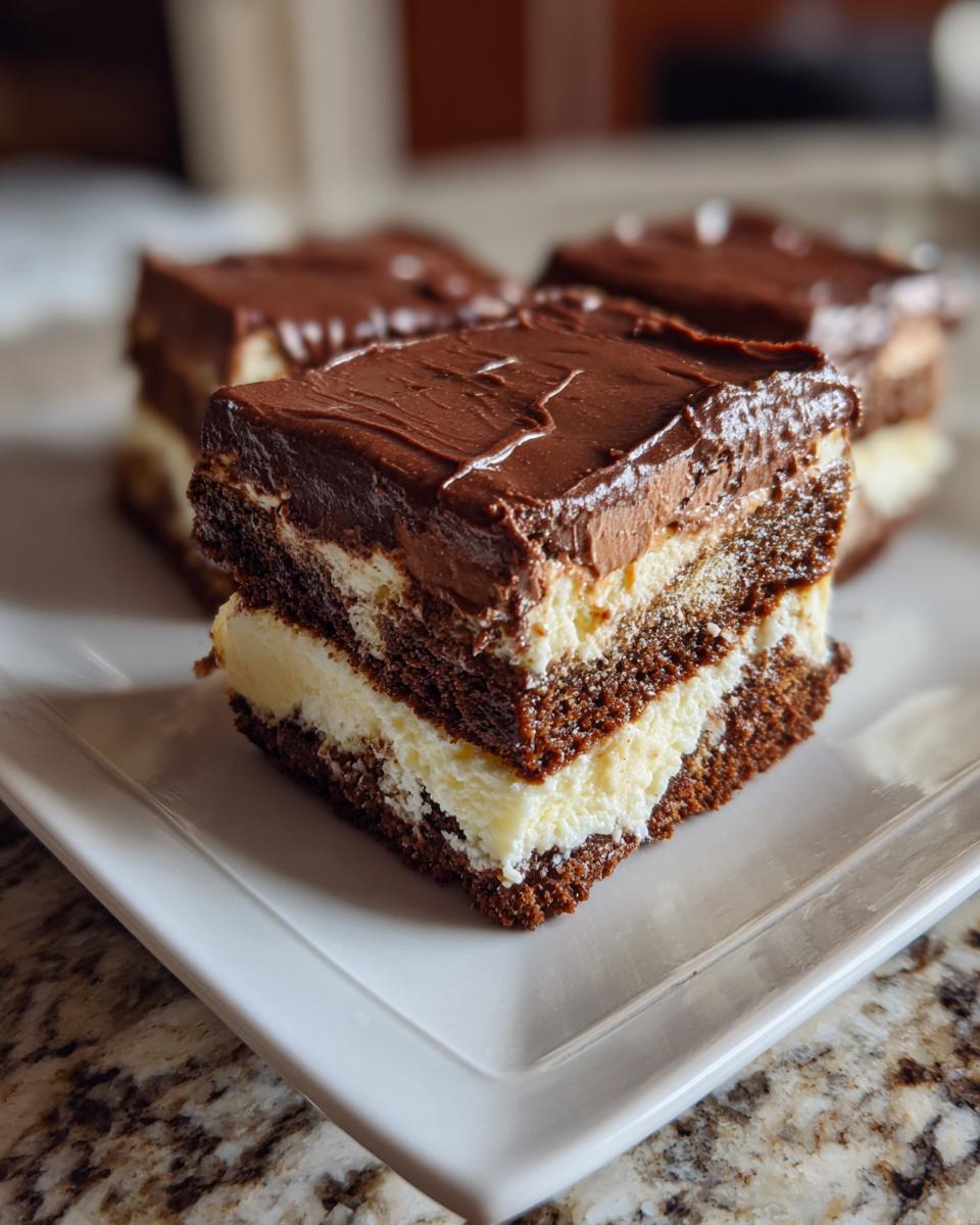 Close-up of a layered slice of Italian Love Cake featuring chocolate cake, creamy filling, and chocolate frosting.