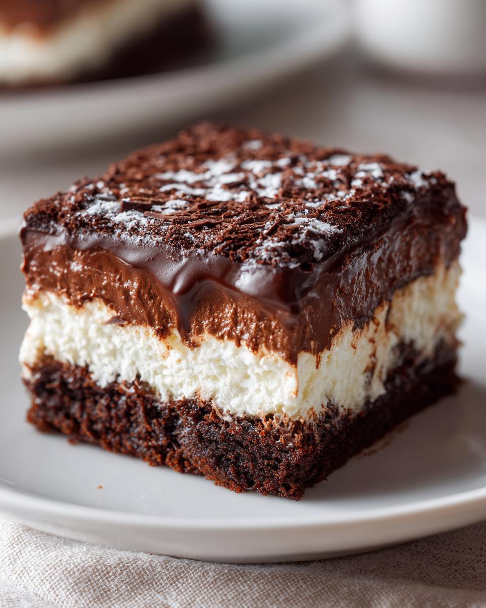 Close-up of a decadent slice of Italian love cake showing dark chocolate base, white cream layer, and chocolate topping.