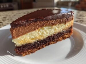A cross-section slice of Italian love cake showing three distinct layers: dark chocolate base, light sponge, chocolate mousse, and ganache topping.