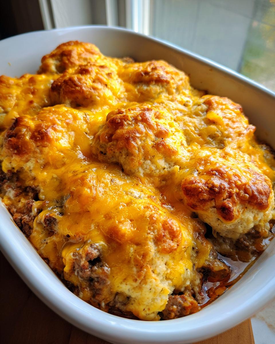 Close-up of a bubbling john wayne casserole topped with biscuits and melted cheddar cheese.