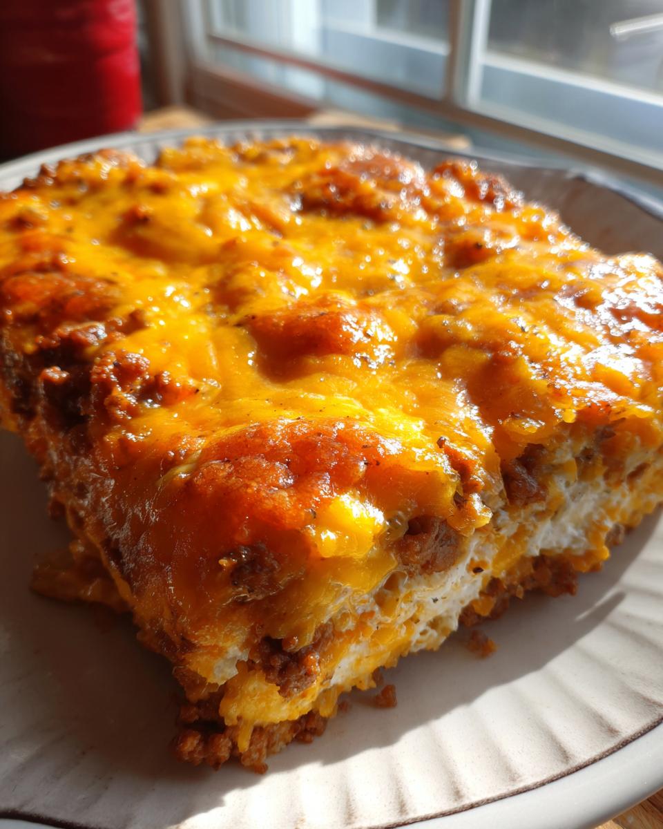Close-up of a serving of john wayne casserole with a thick, bubbly layer of melted cheddar cheese on top.