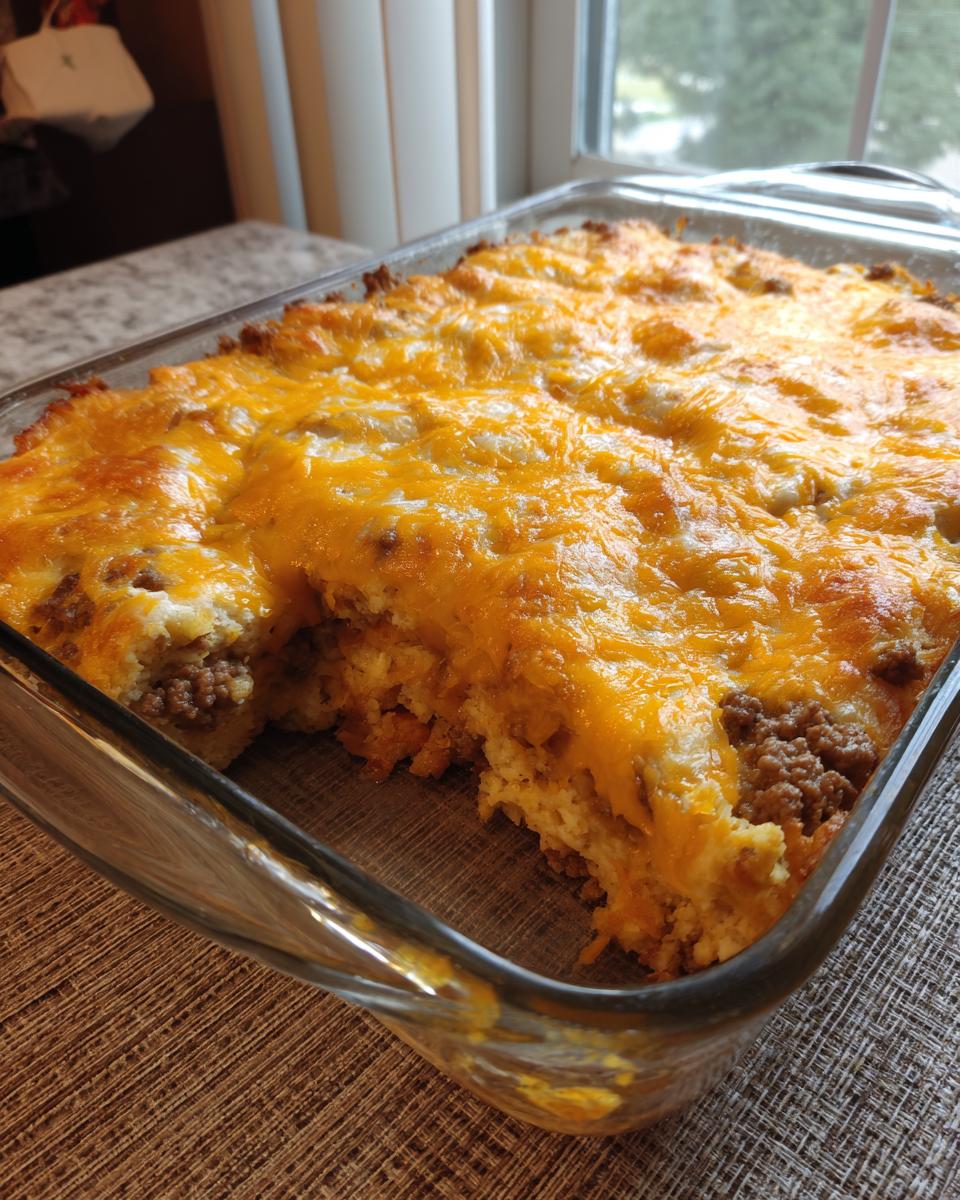 A freshly baked john wayne casserole topped with melted cheddar cheese in a clear glass baking dish.