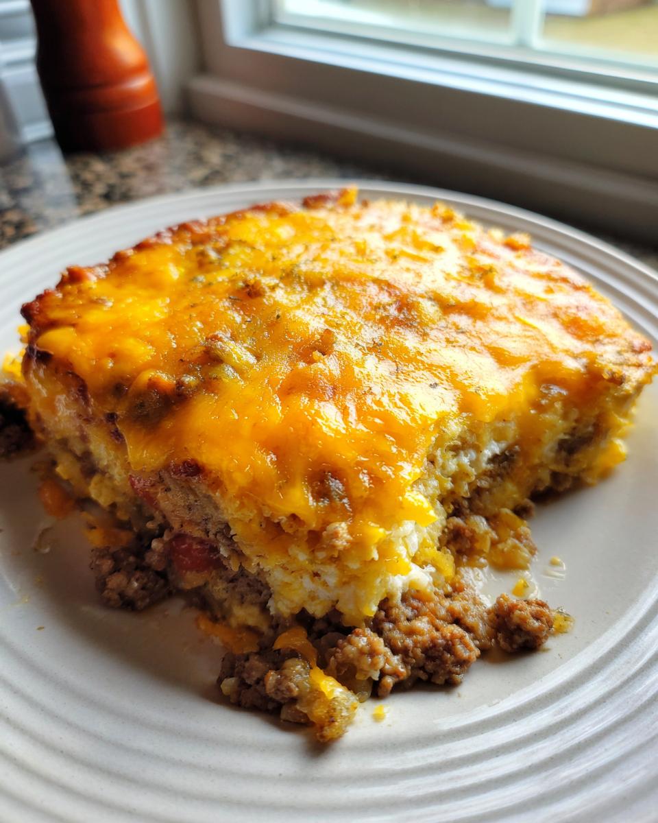 A hearty slice of john wayne casserole featuring layers of ground beef and a thick, melted cheddar cheese topping.