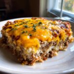A close-up serving of rich john wayne casserole topped with gooey melted cheddar cheese and parsley.