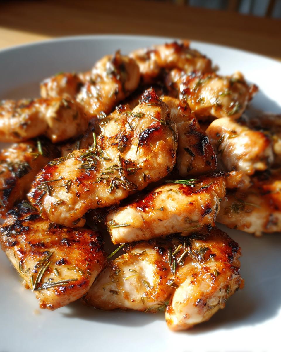 Close-up of golden-brown, glazed chicken pieces coated in herbs, showcasing the results of the chicken marinade.