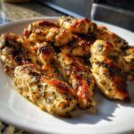 Close-up of grilled chicken tenders coated in herbs, showing the results of the amazing chicken marinade.