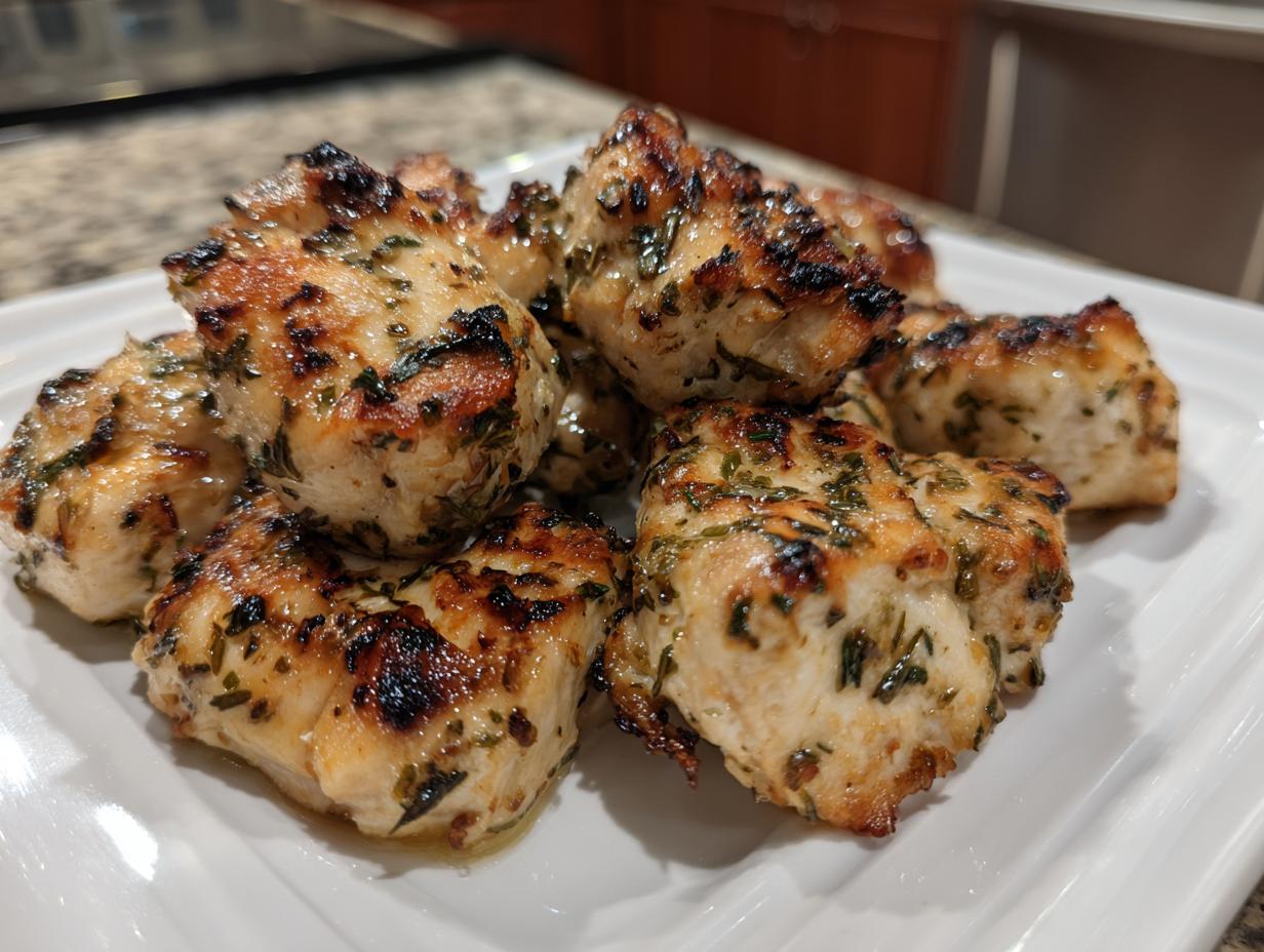Close-up of grilled, herb-coated chicken pieces showcasing the results of the amazing chicken marinade.
