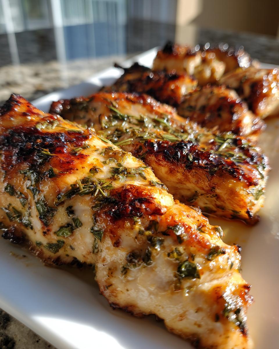Close-up of grilled chicken breasts coated in a bright green herb chicken marinade, showing juicy texture.