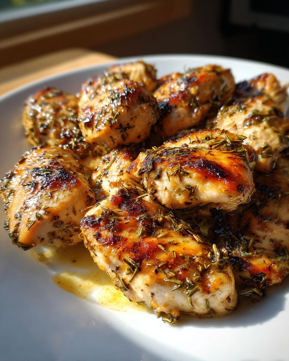 Close-up of perfectly cooked chicken pieces coated in a rich herb chicken marinade, glistening under sunlight.