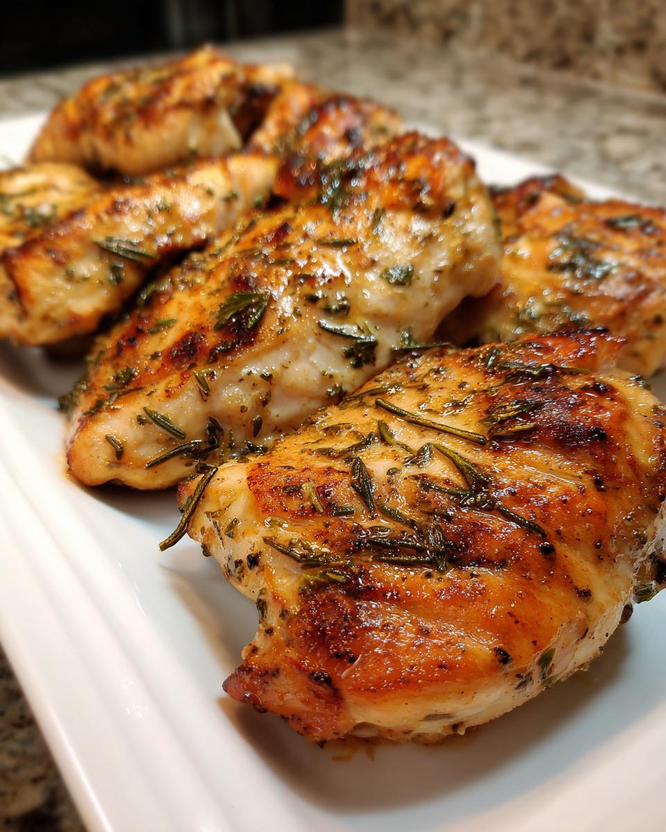 Close-up of golden-brown chicken pieces coated in a flavorful herb chicken marinade, served on a white platter.