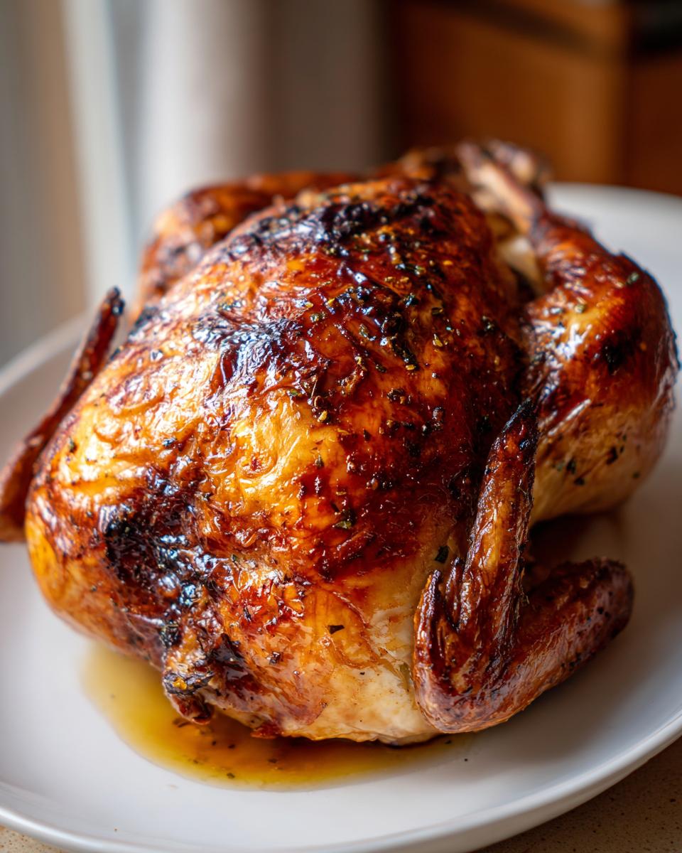 A perfectly roasted whole turkey with glistening, golden-brown, crispy skin resting on a white platter.