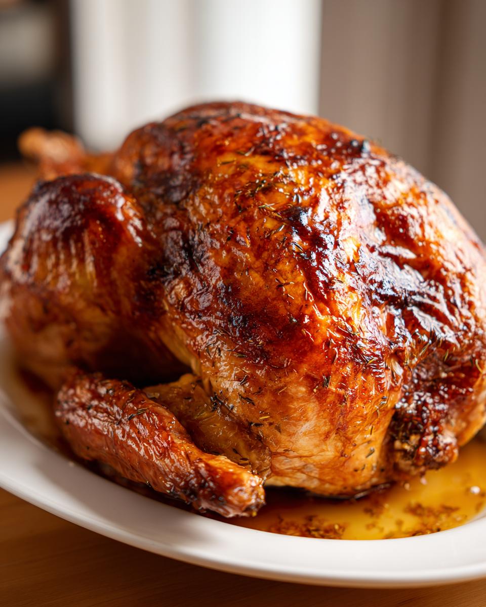 A close-up of a whole, perfectly roasted turkey with deeply browned, glossy skin resting in its juices.