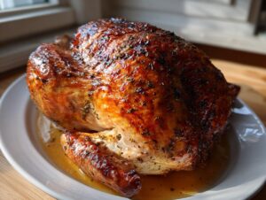 A perfectly roasted, whole turkey with deeply browned, glossy skin seasoned with herbs, resting in its juices.