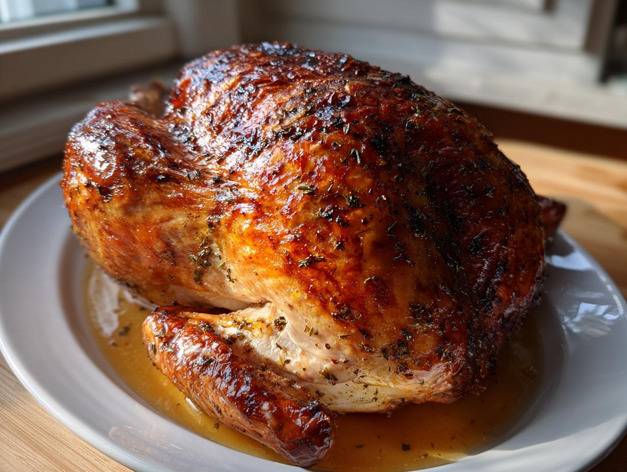 A perfectly roasted, whole turkey with deeply browned, glossy skin seasoned with herbs, resting in its juices.