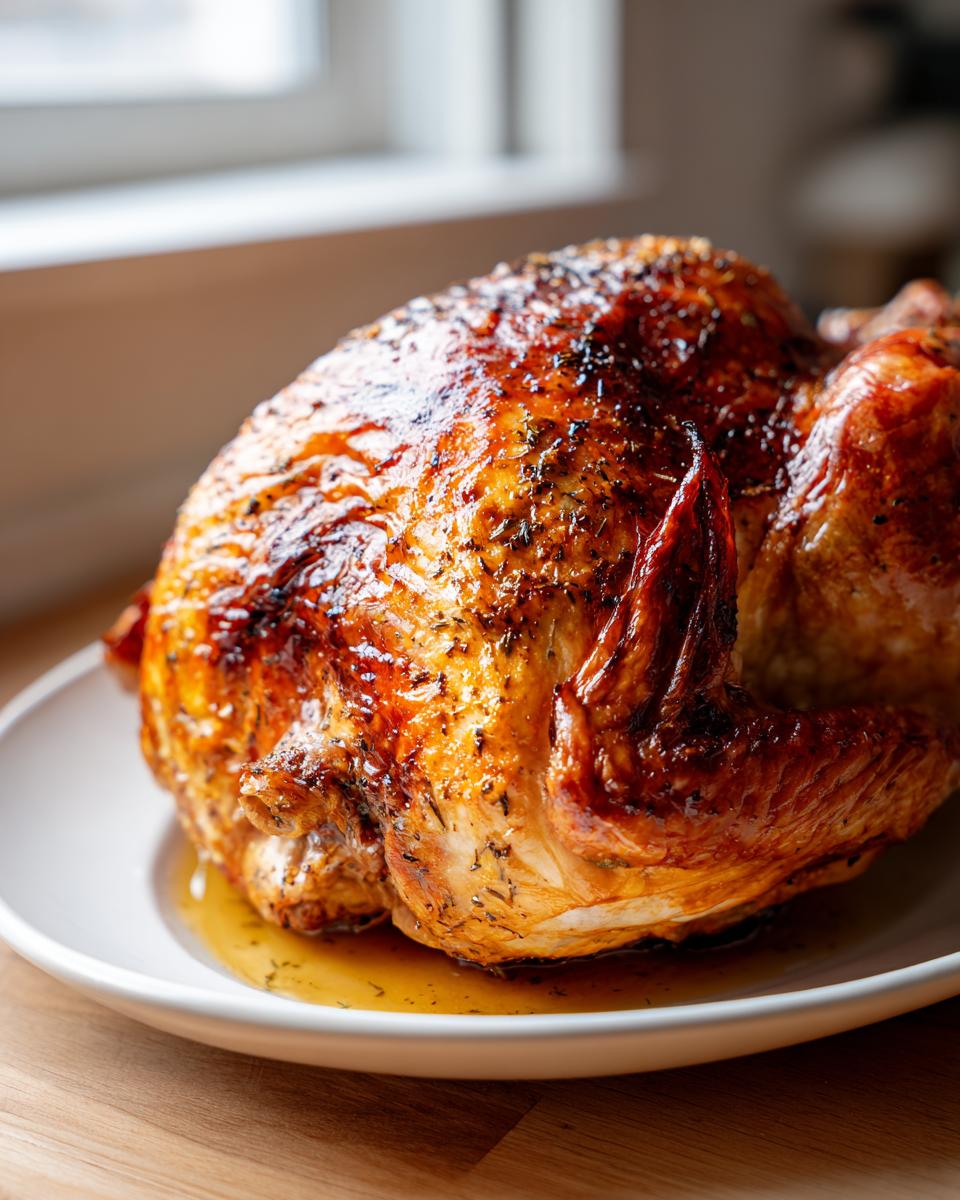 A perfectly roasted, whole turkey with glossy, golden-brown, herb-crusted skin resting in its juices.