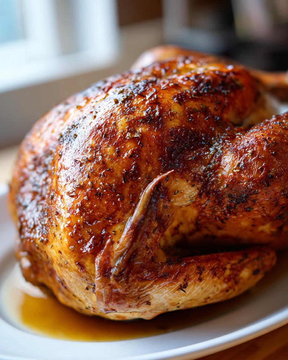 Close-up of a beautifully roasted turkey with golden-brown, herb-crusted skin resting in its juices.